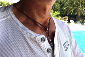 Collier perle de Tahiti et Tiki tahitien sur cuir australien, collier homme