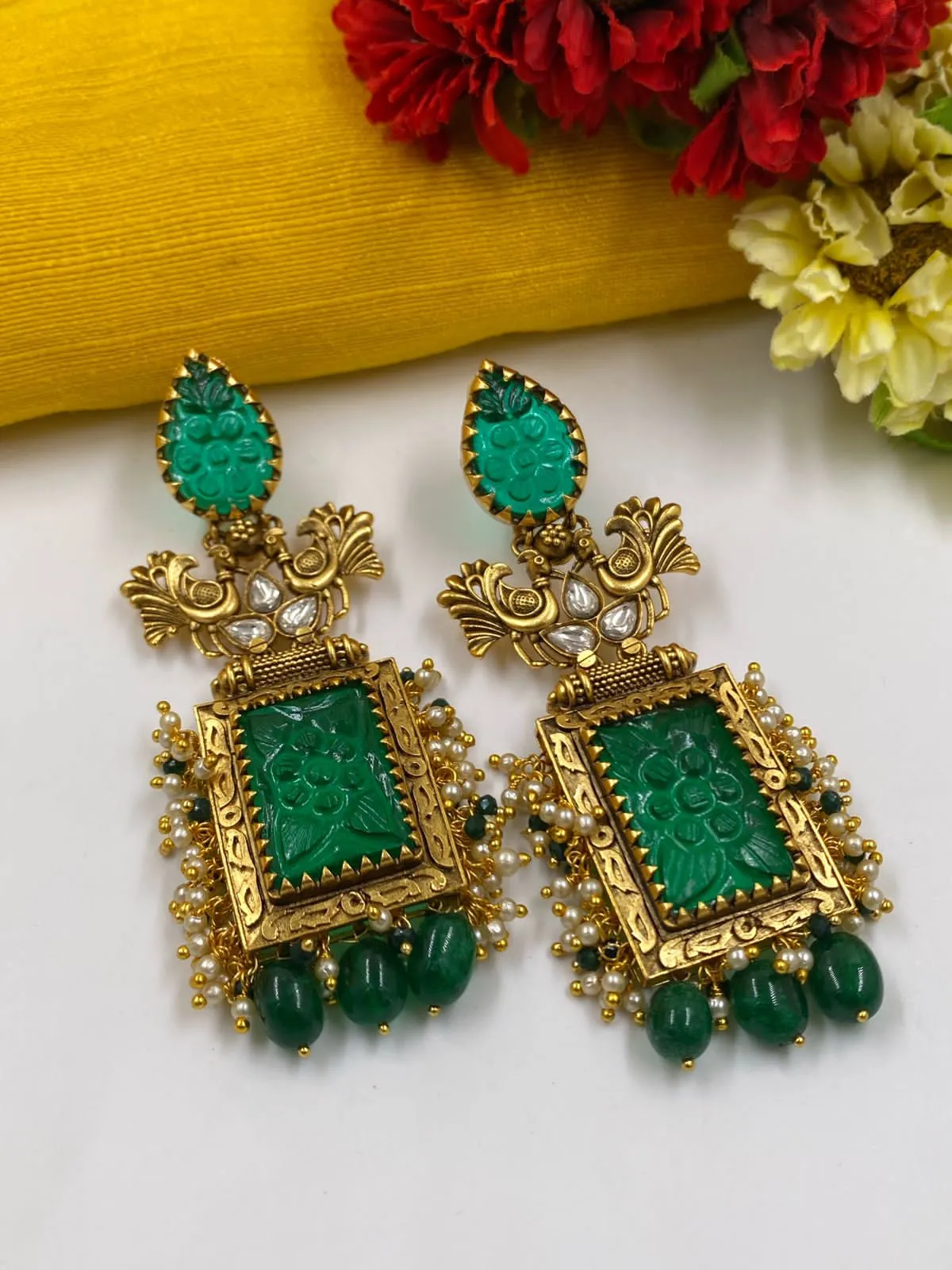 Contemporary Gold Plated Designer Antique Long Green Stone Earrings By Gehna Shop