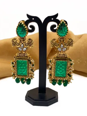 Contemporary Gold Plated Designer Antique Long Green Stone Earrings By Gehna Shop