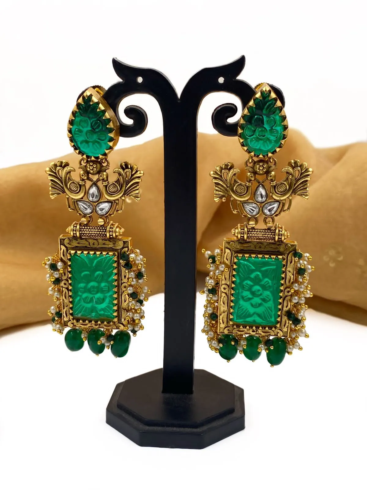 Contemporary Gold Plated Designer Antique Long Green Stone Earrings By Gehna Shop