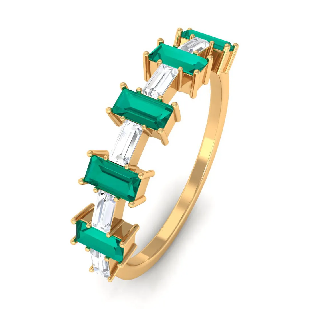 Contemporary Half Eternity Ring with Emerald and Moissanite