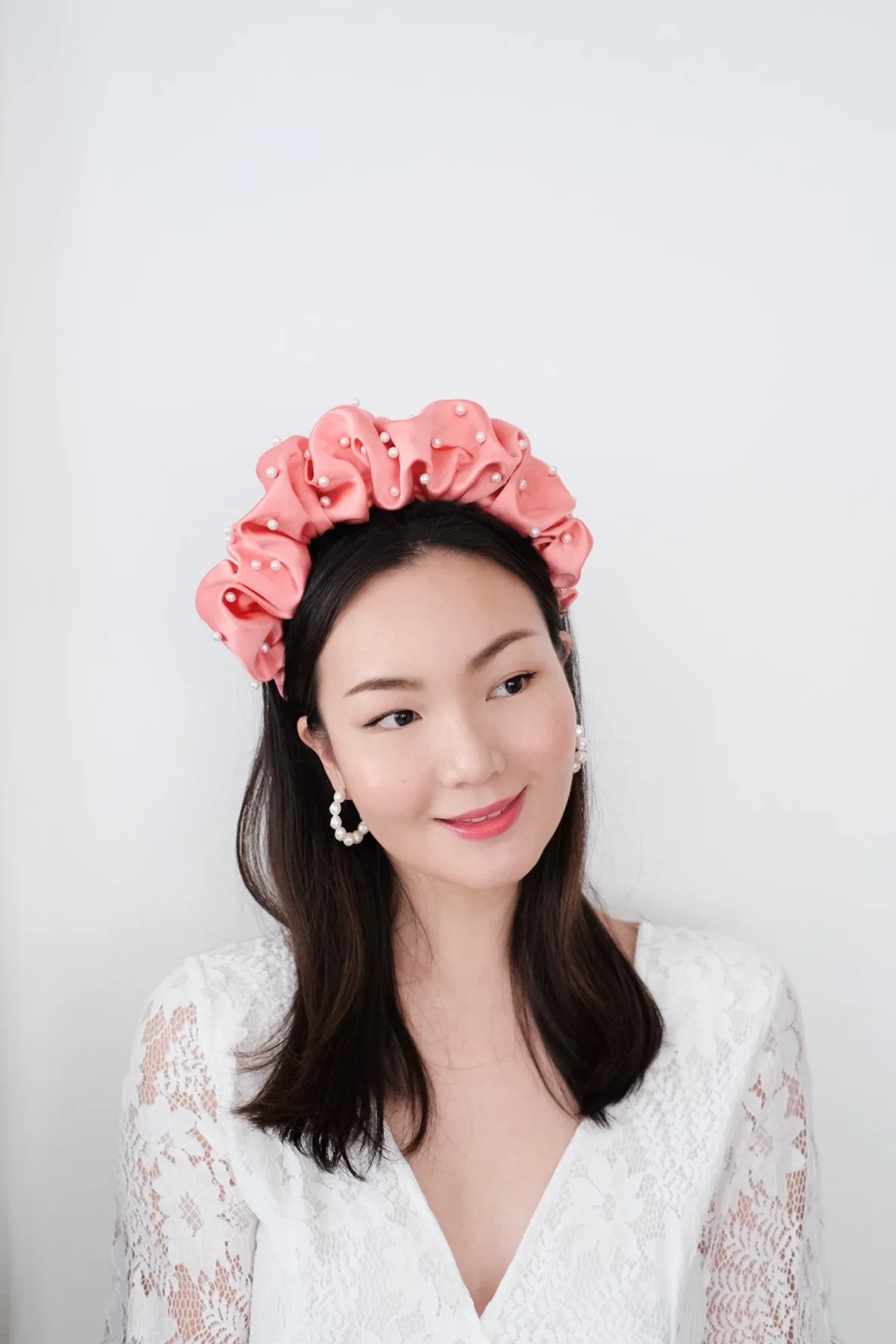 Coral Satin Scrunchie Faux Pearl Headband