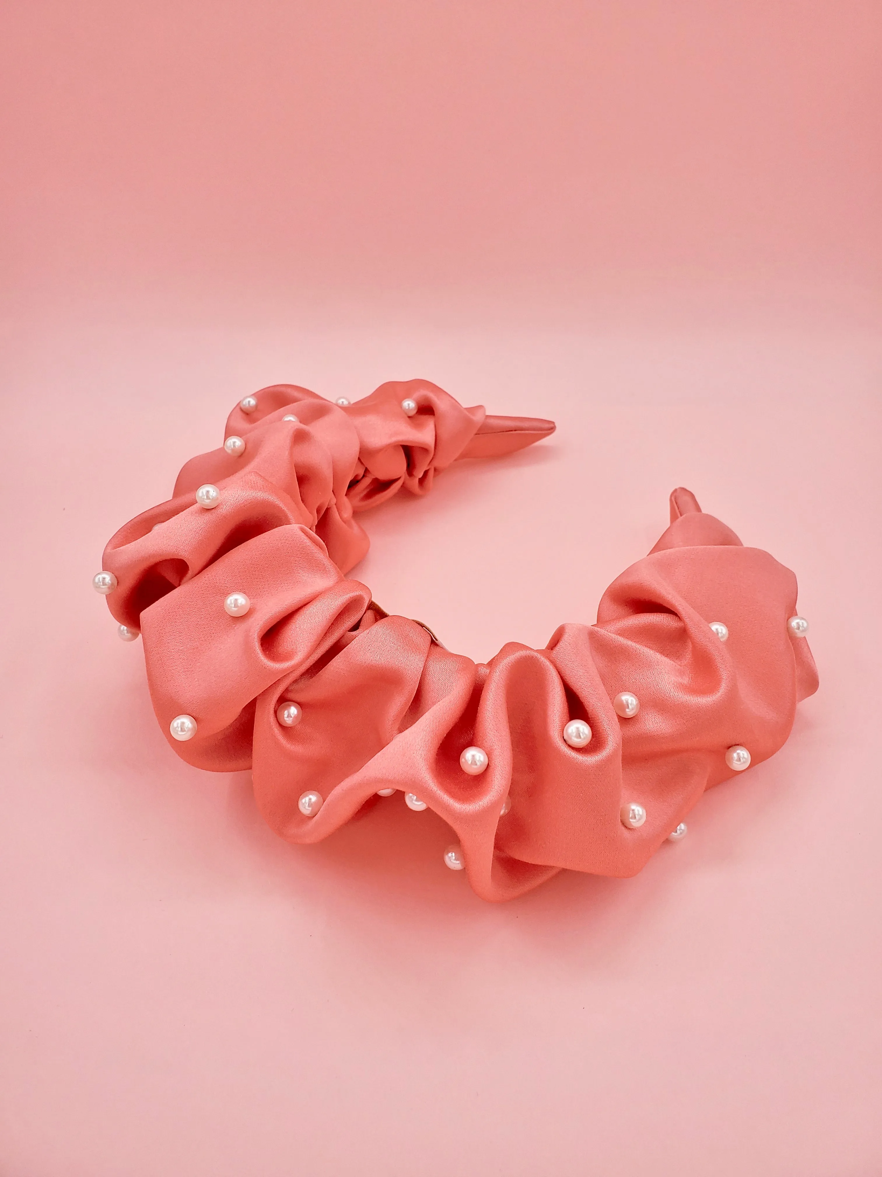 Coral Satin Scrunchie Faux Pearl Headband