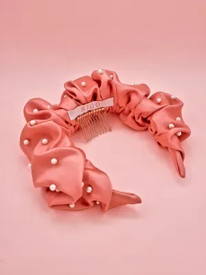 Coral Satin Scrunchie Faux Pearl Headband