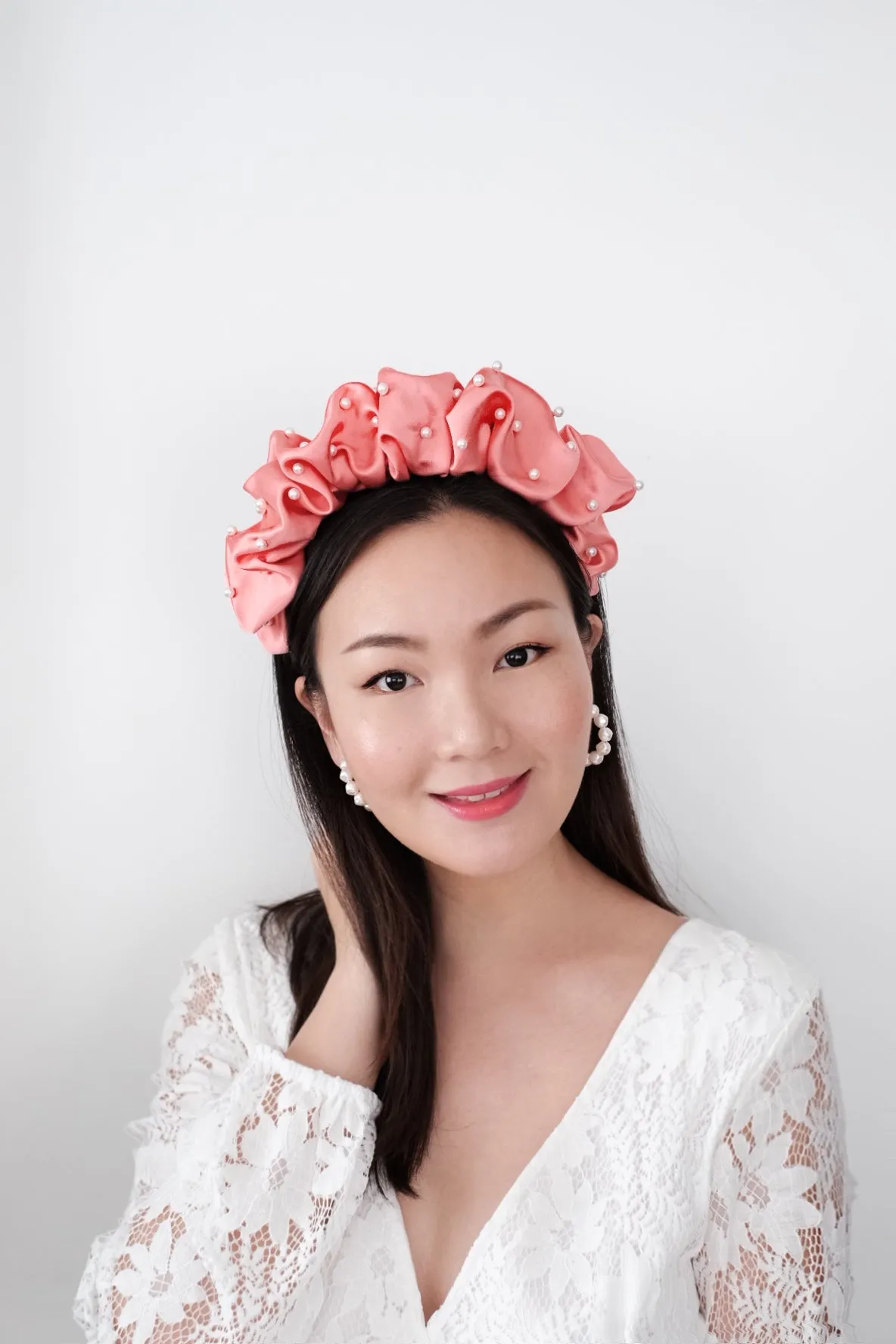 Coral Satin Scrunchie Faux Pearl Headband