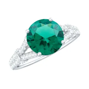 Created Emerald Solitaire Engagement Ring with Diamond in Split Shank