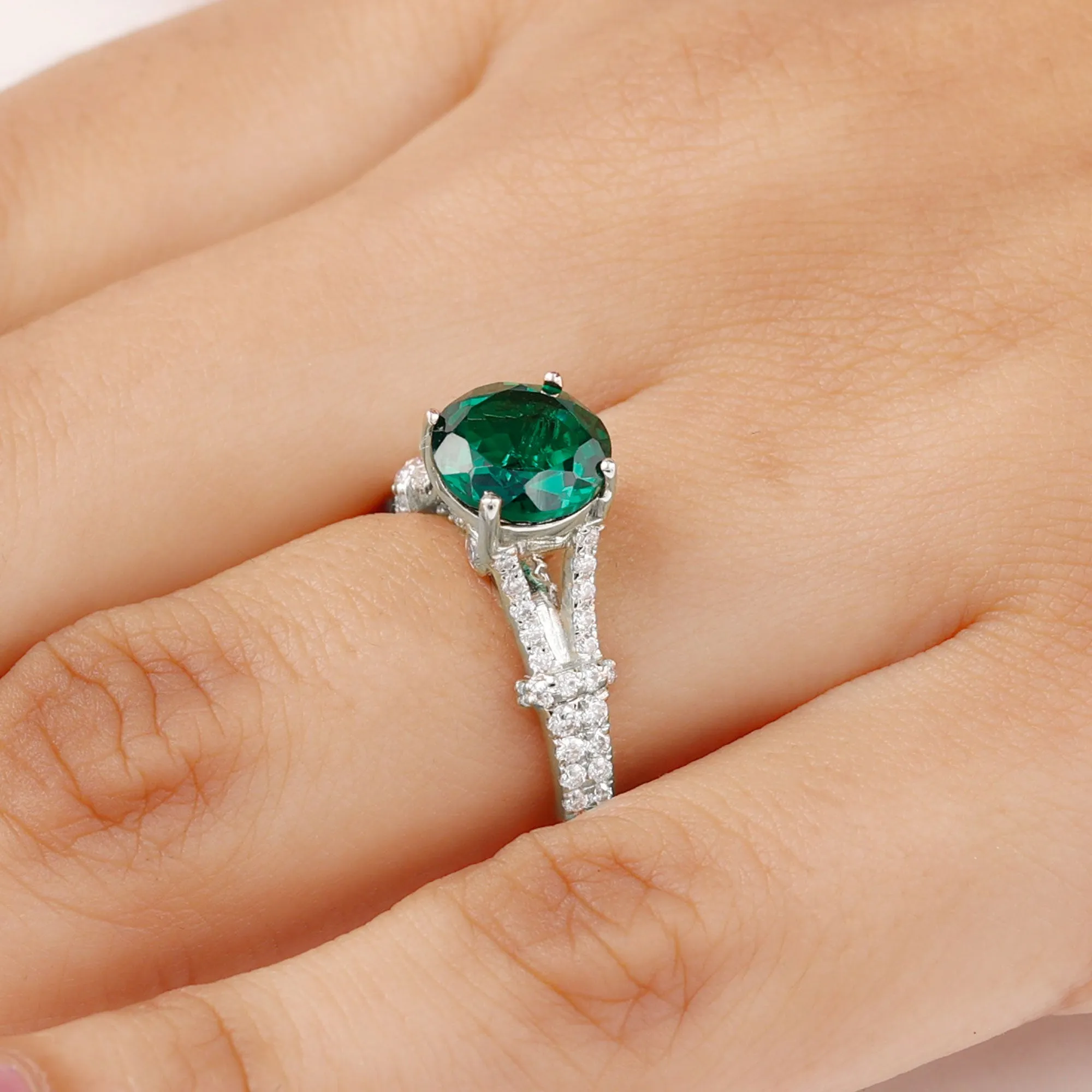 Created Emerald Solitaire Engagement Ring with Diamond in Split Shank