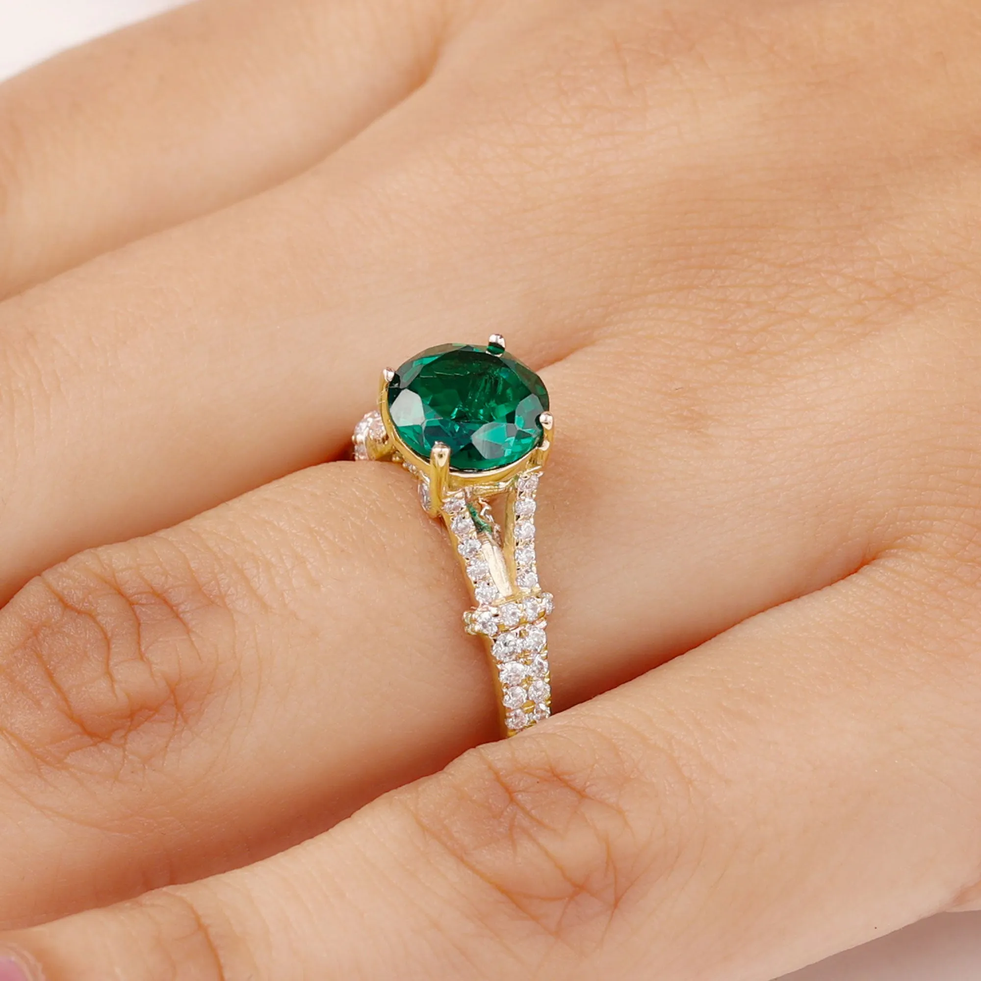 Created Emerald Solitaire Engagement Ring with Diamond in Split Shank