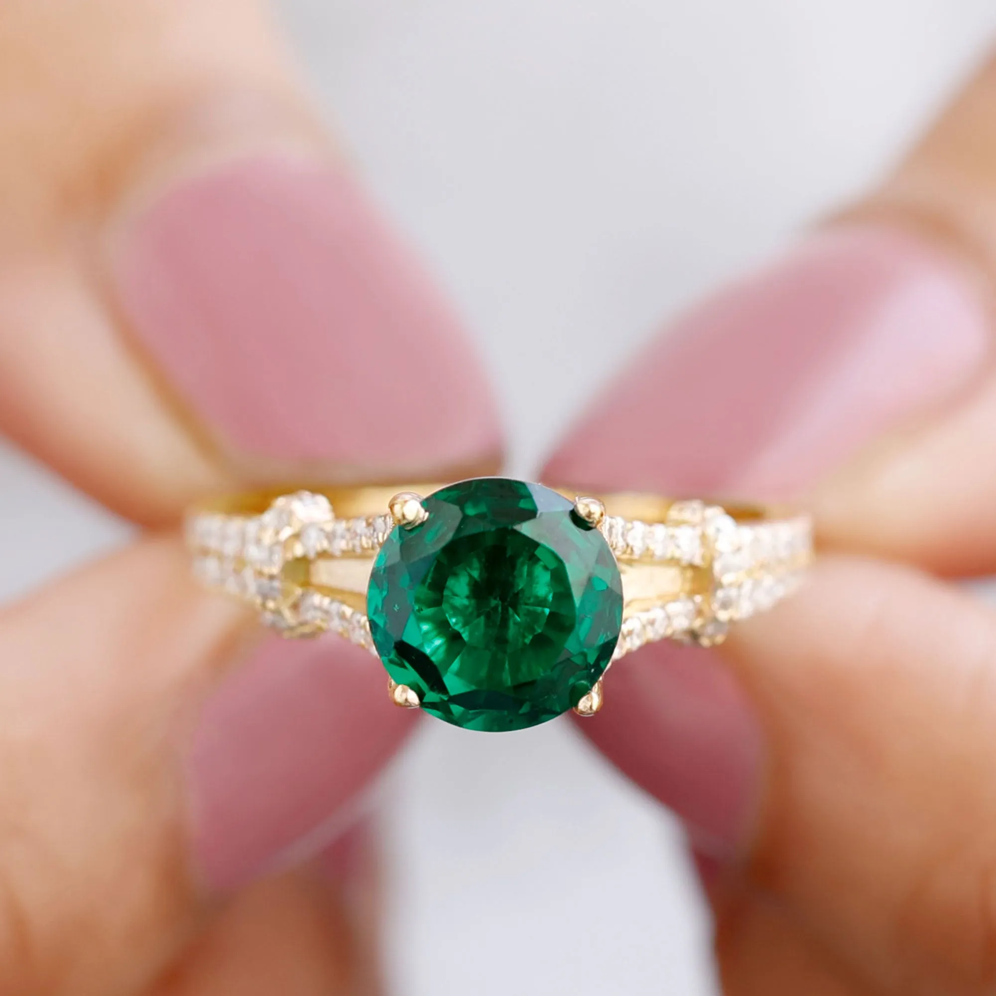 Created Emerald Solitaire Engagement Ring with Diamond in Split Shank