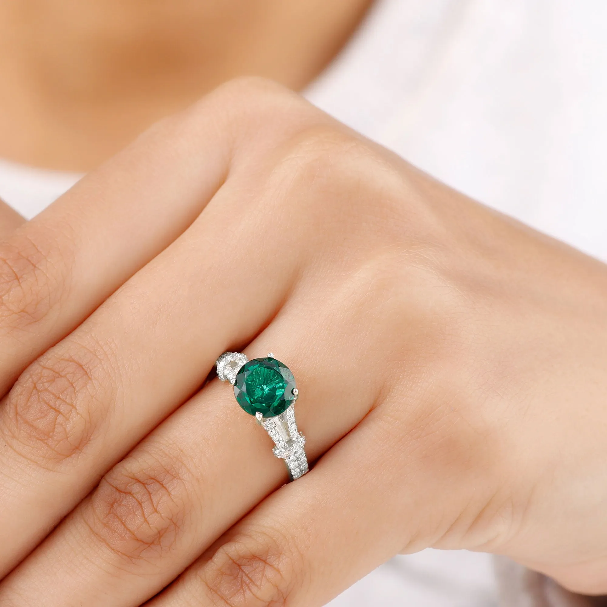 Created Emerald Solitaire Engagement Ring with Diamond in Split Shank