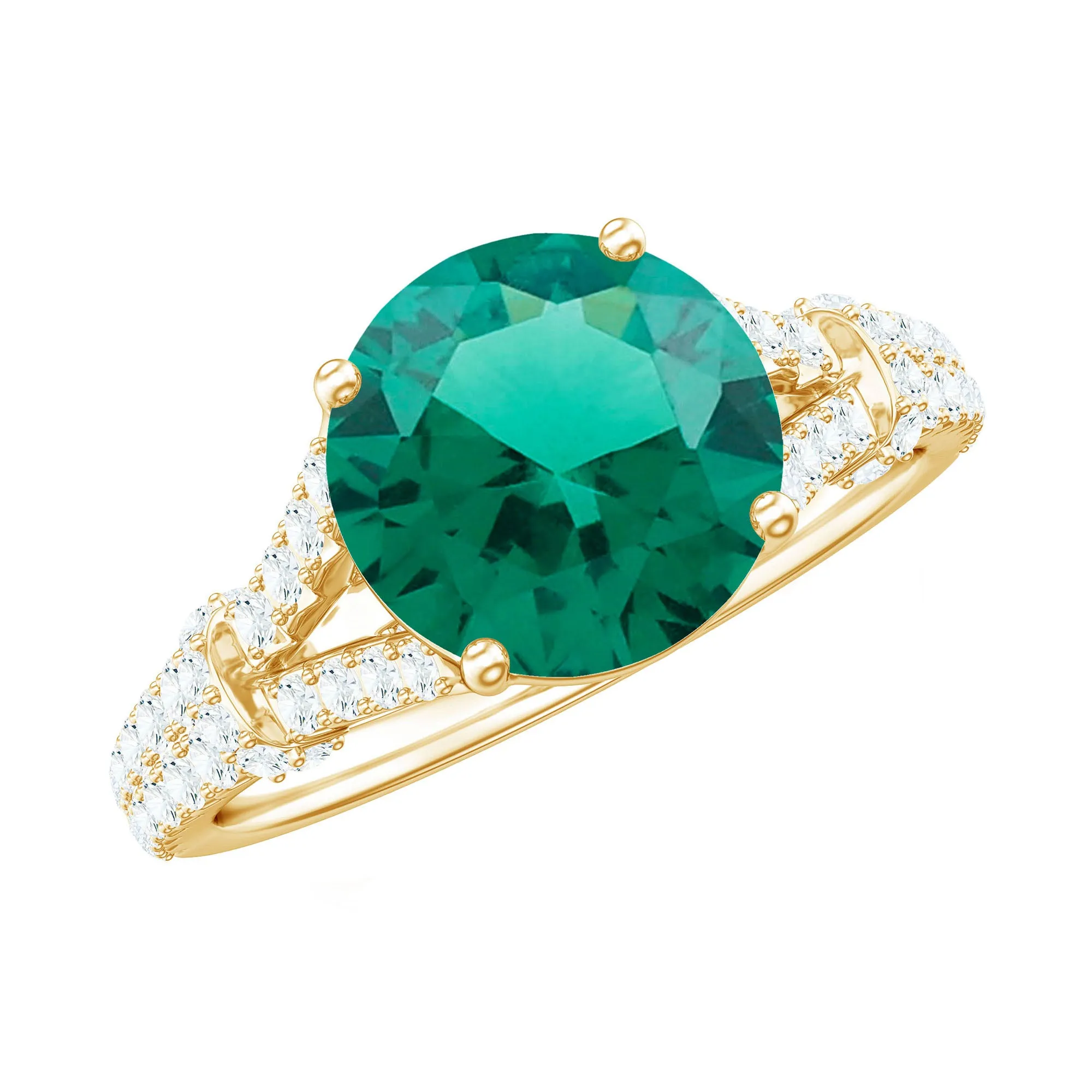 Created Emerald Solitaire Engagement Ring with Diamond in Split Shank