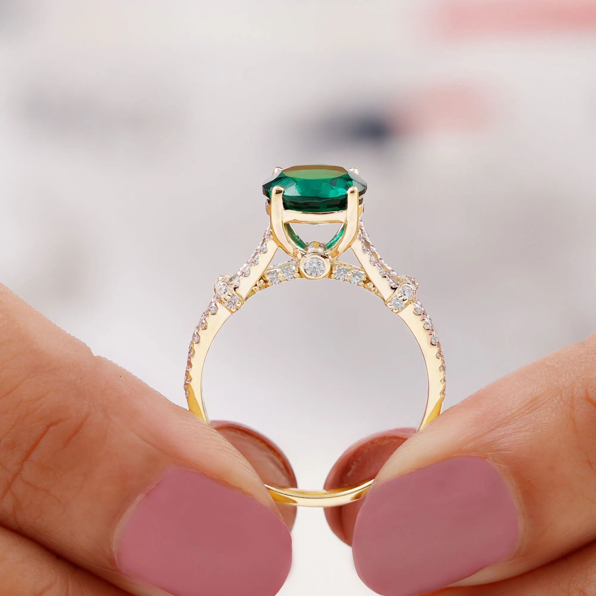 Created Emerald Solitaire Engagement Ring with Diamond in Split Shank