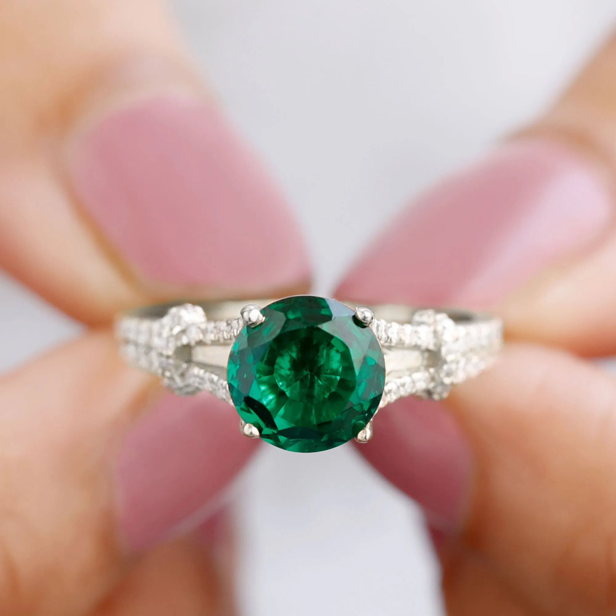 Created Emerald Solitaire Engagement Ring with Diamond in Split Shank