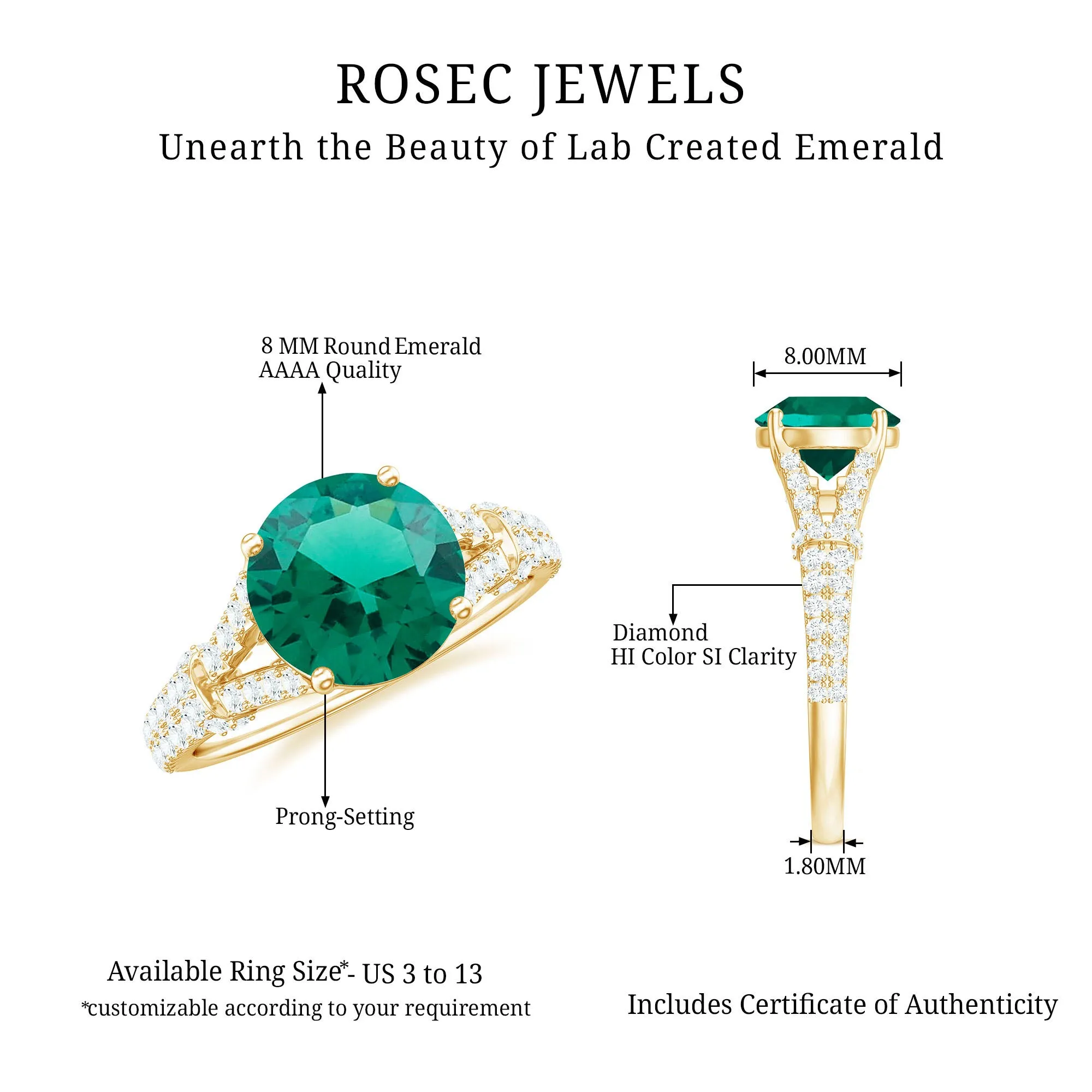 Created Emerald Solitaire Engagement Ring with Diamond in Split Shank