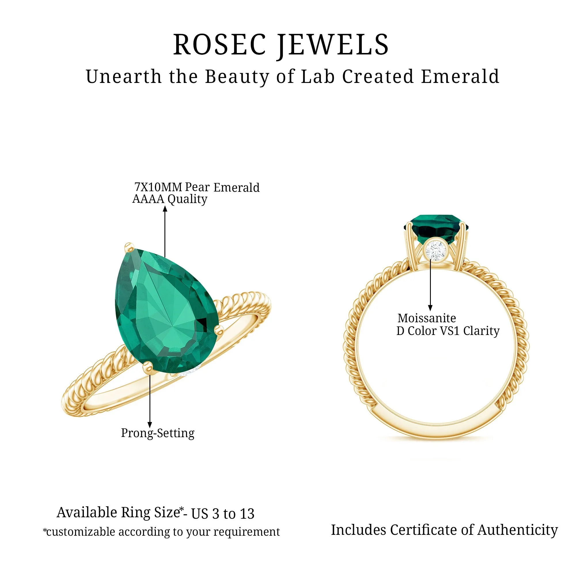 Created Emerald Solitaire Teardrop Ring with Hidden Moissanite