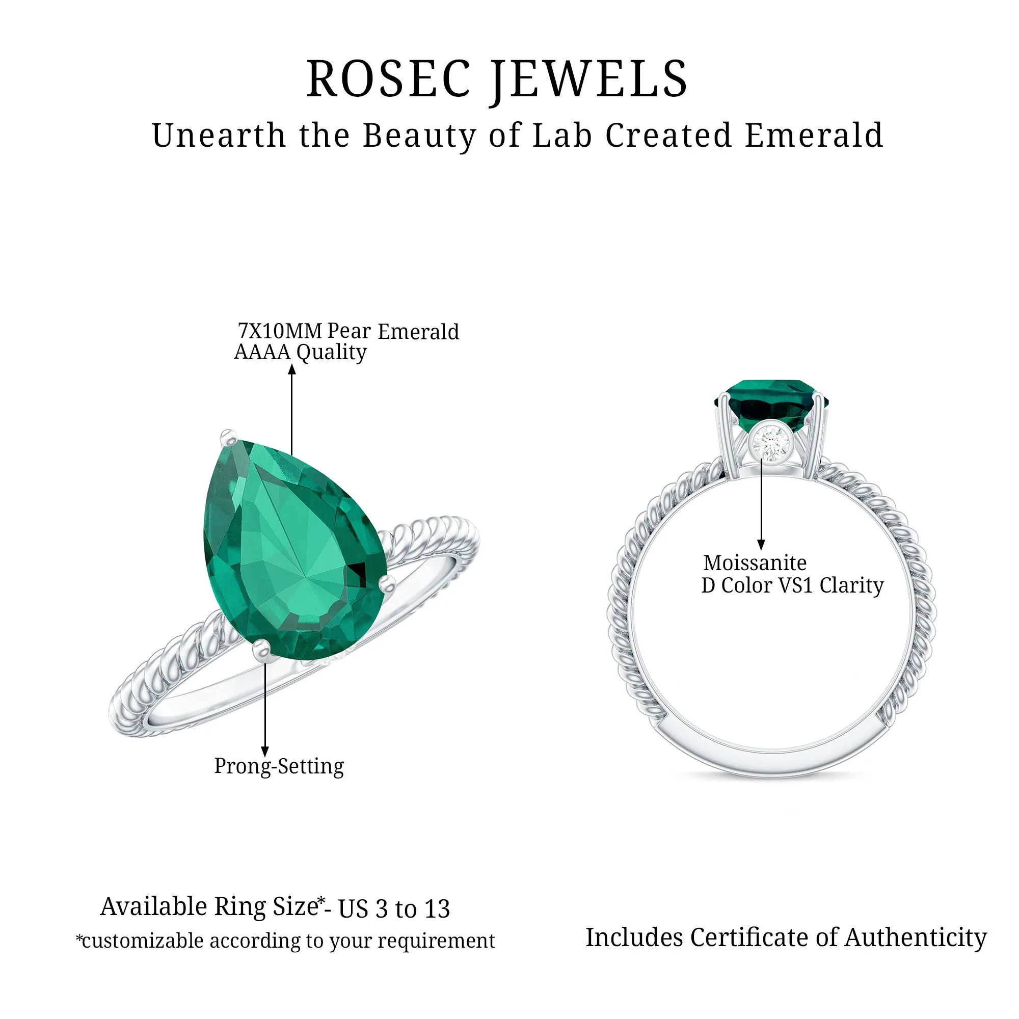 Created Emerald Solitaire Teardrop Ring with Hidden Moissanite