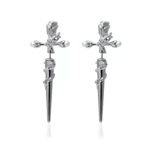 Cross Rose Copper Silver Plated Earrings