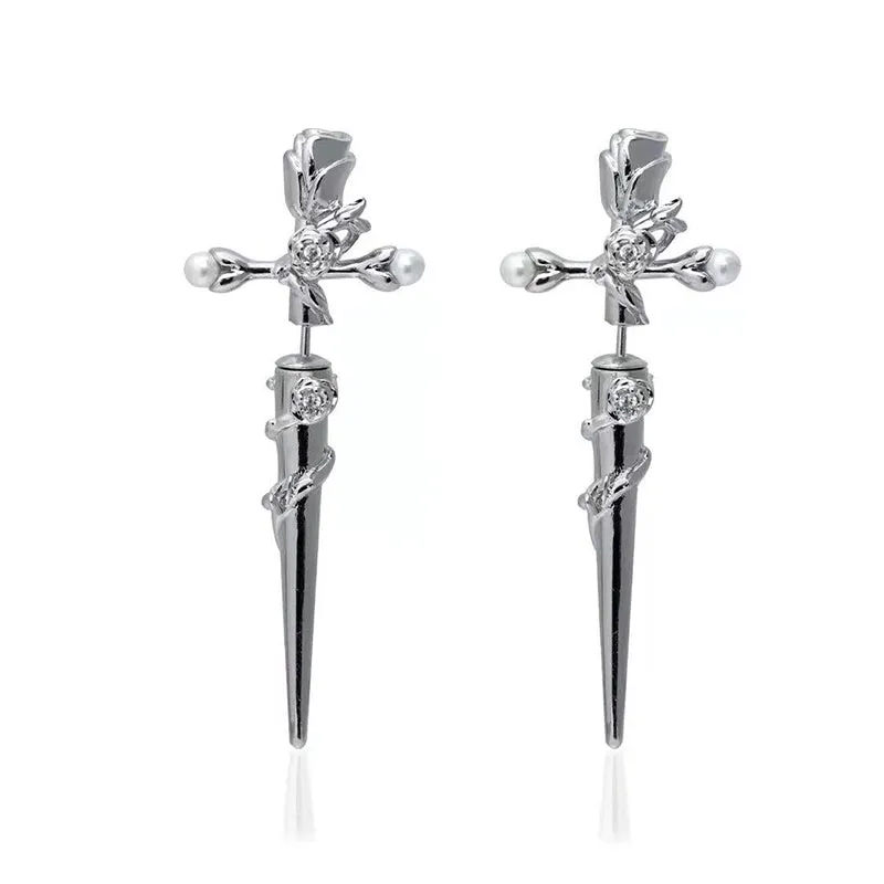 Cross Rose Copper Silver Plated Earrings