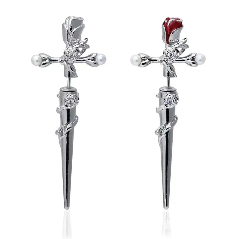 Cross Rose Copper Silver Plated Earrings