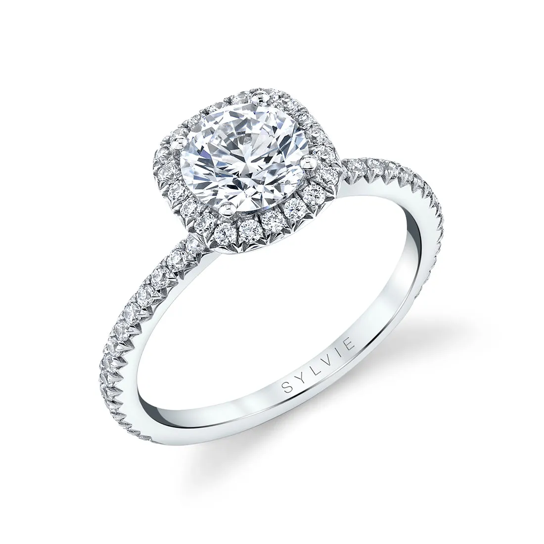 Cushion Cut Classic Halo Engagement Ring - Vivian 18k Gold White