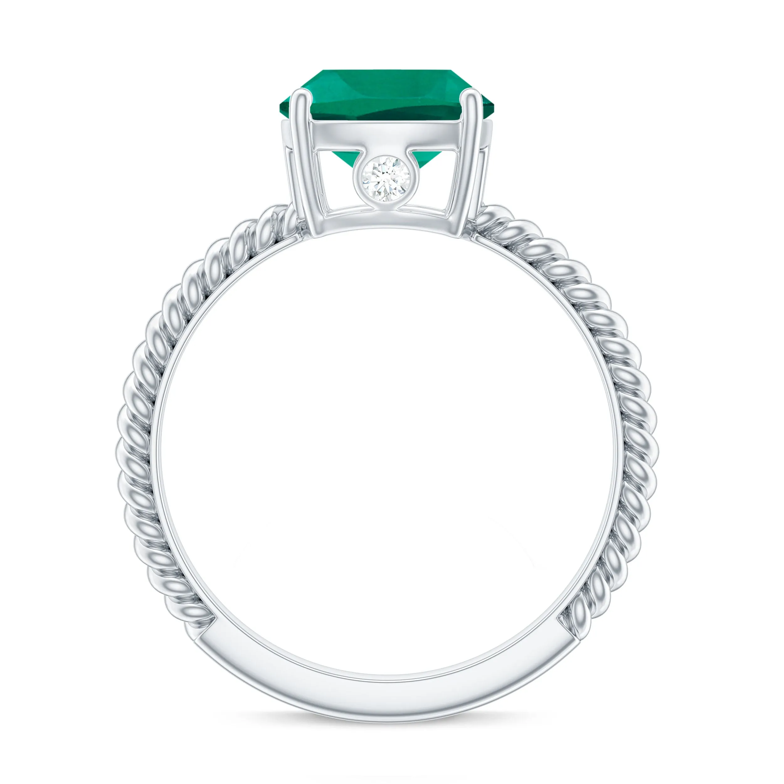 Cushion Cut Created Emerald Solitaire Ring with Diamond