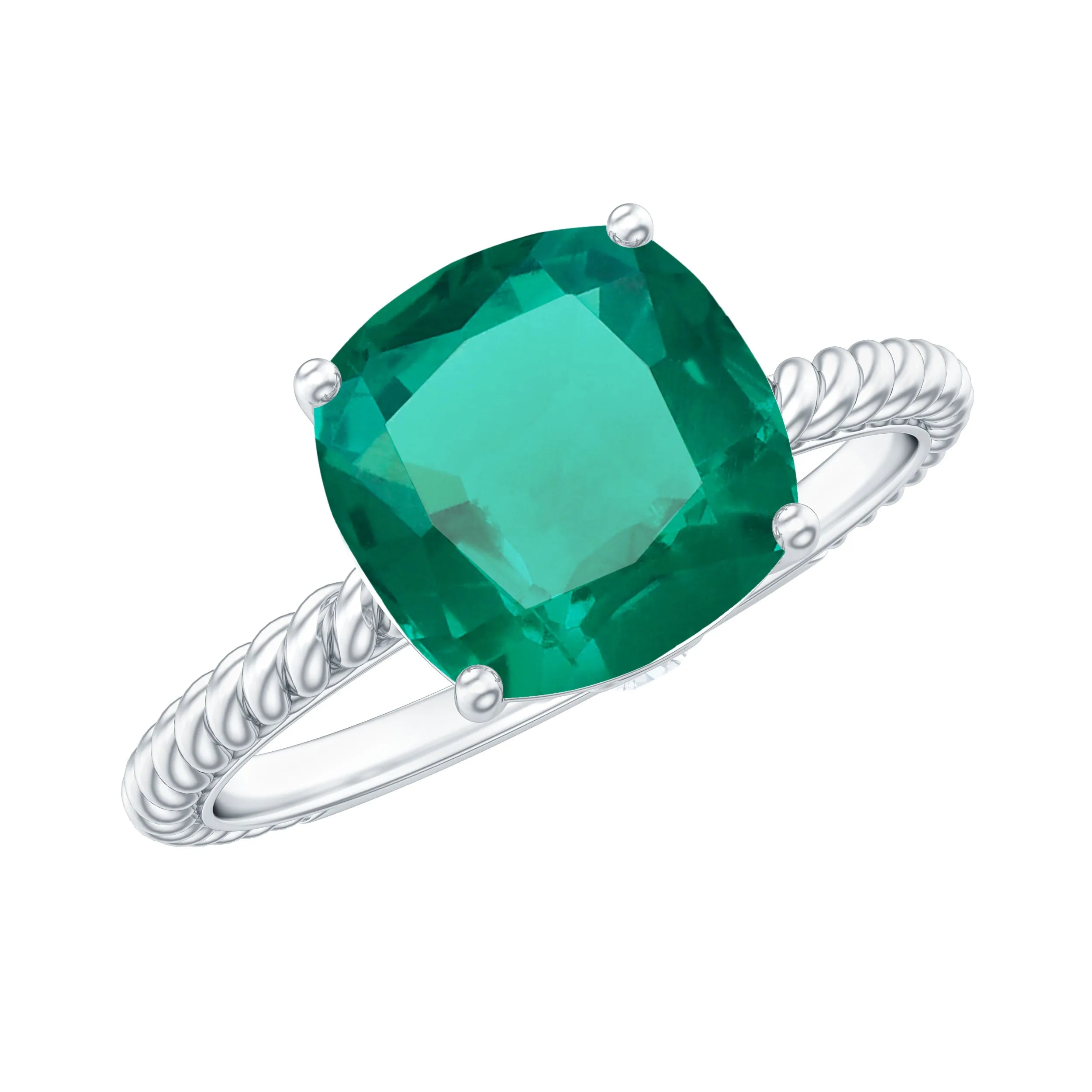 Cushion Cut Created Emerald Solitaire Ring with Diamond