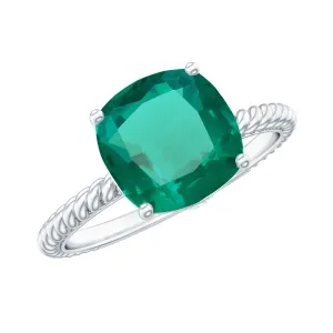 Cushion Cut Created Emerald Solitaire Ring with Diamond