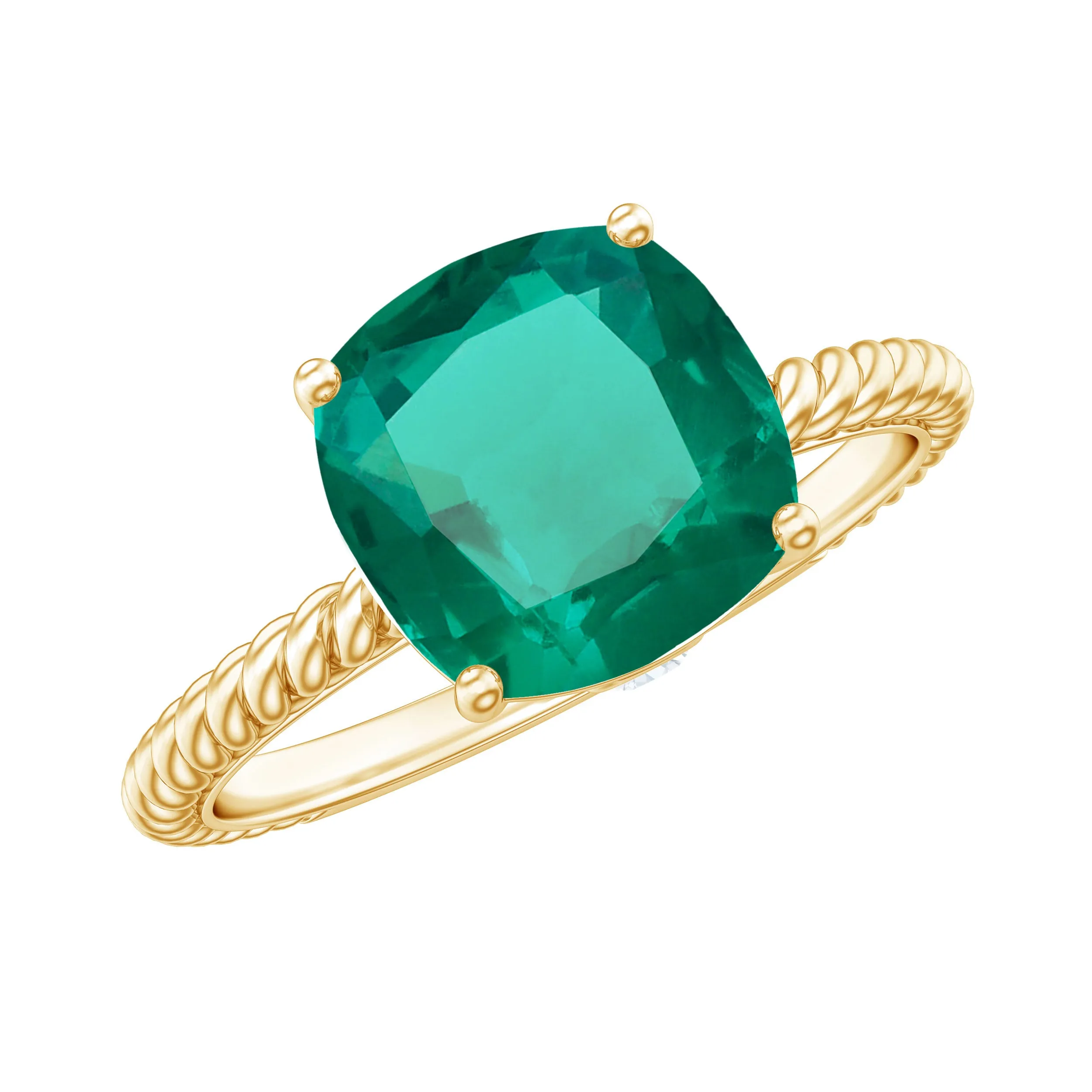 Cushion Cut Created Emerald Solitaire Ring with Diamond