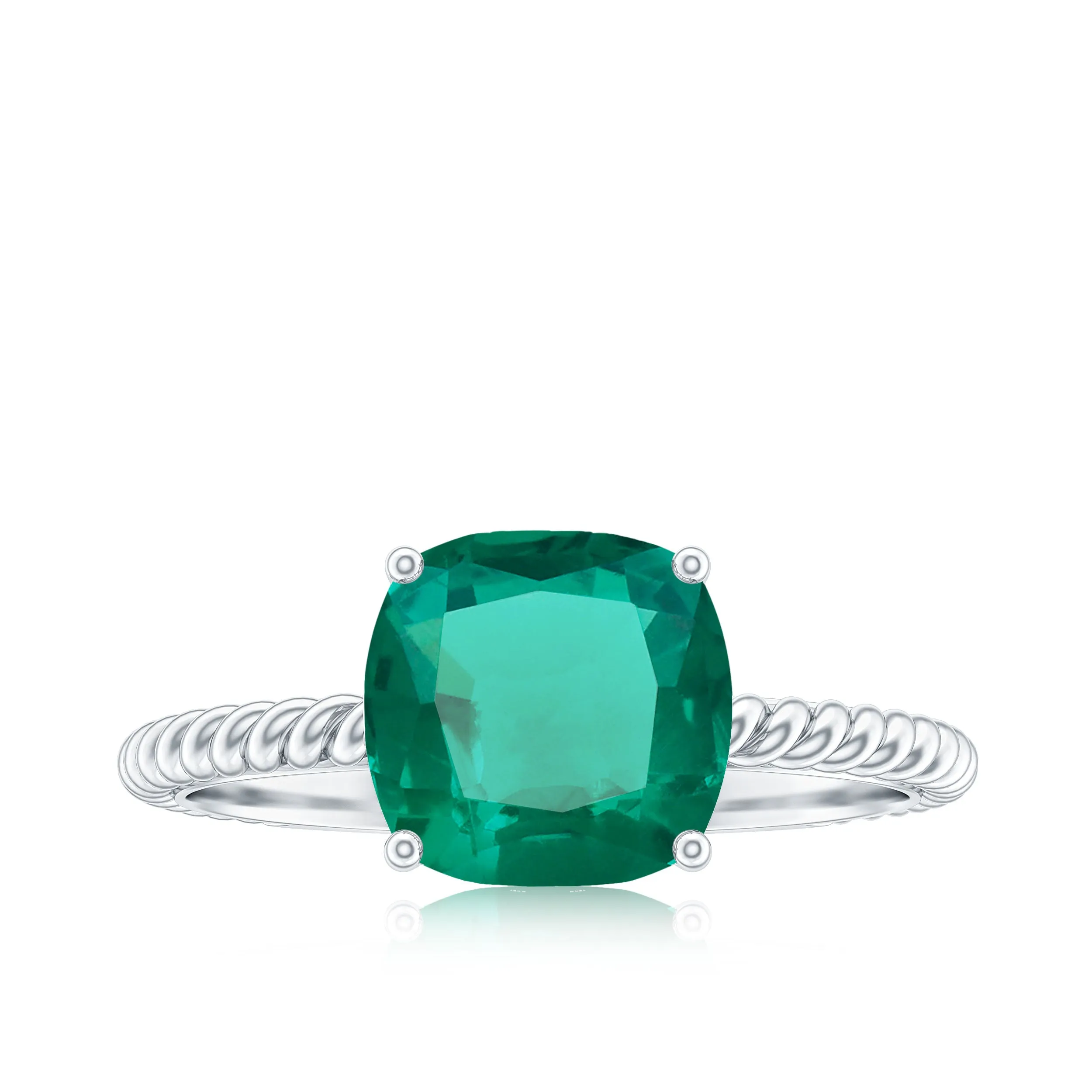 Cushion Cut Created Emerald Solitaire Ring with Diamond