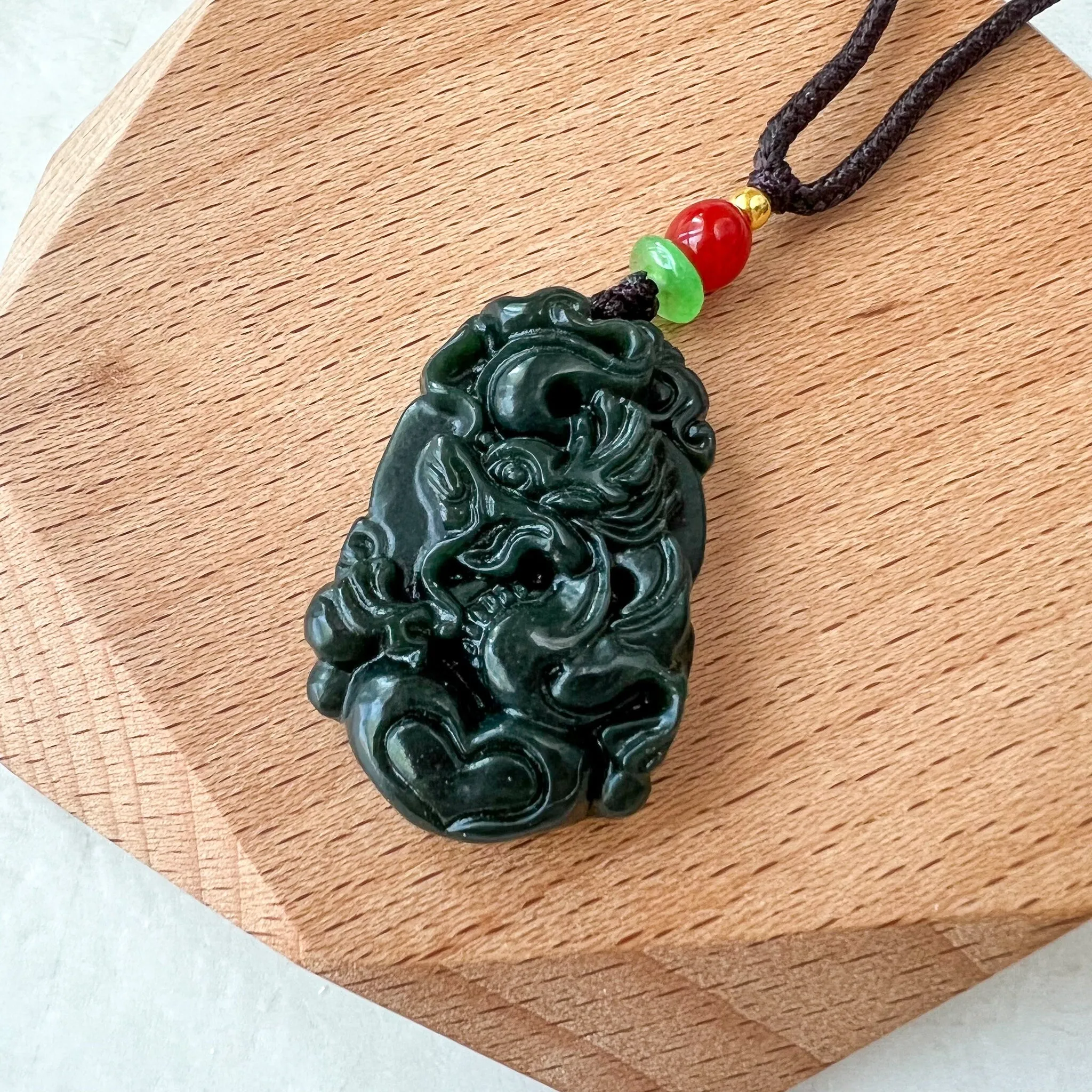 Dark Green Nephrite Jade Dragon Zodiac Hand Carved Necklace, RM-1221-1657829558