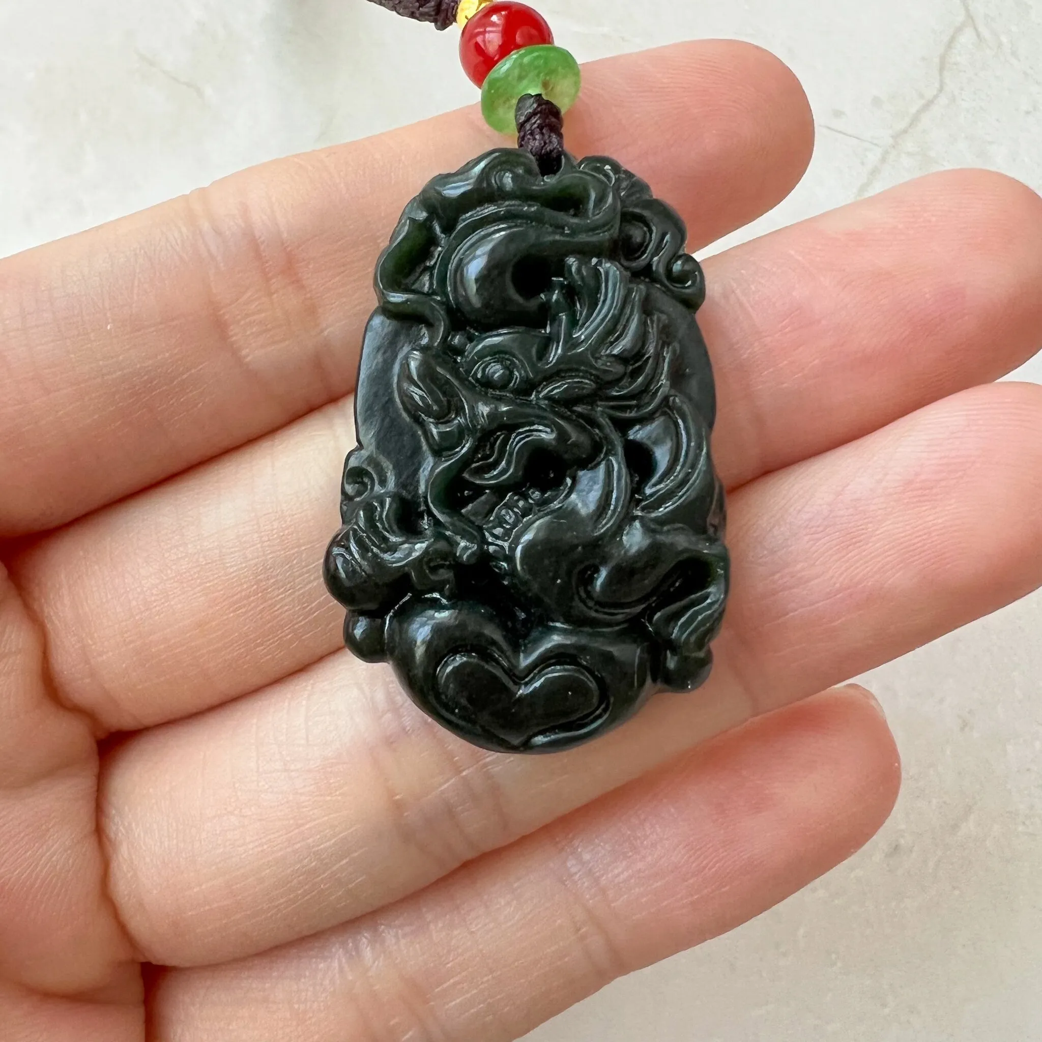 Dark Green Nephrite Jade Dragon Zodiac Hand Carved Necklace, RM-1221-1657829558