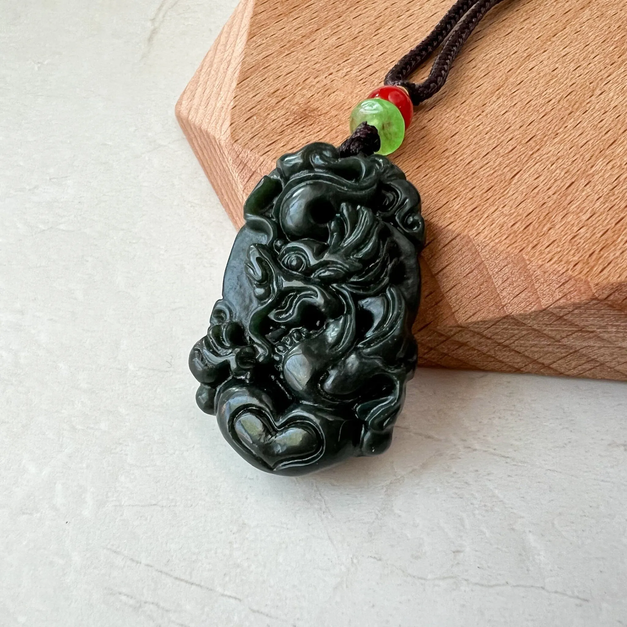 Dark Green Nephrite Jade Dragon Zodiac Hand Carved Necklace, RM-1221-1657829558
