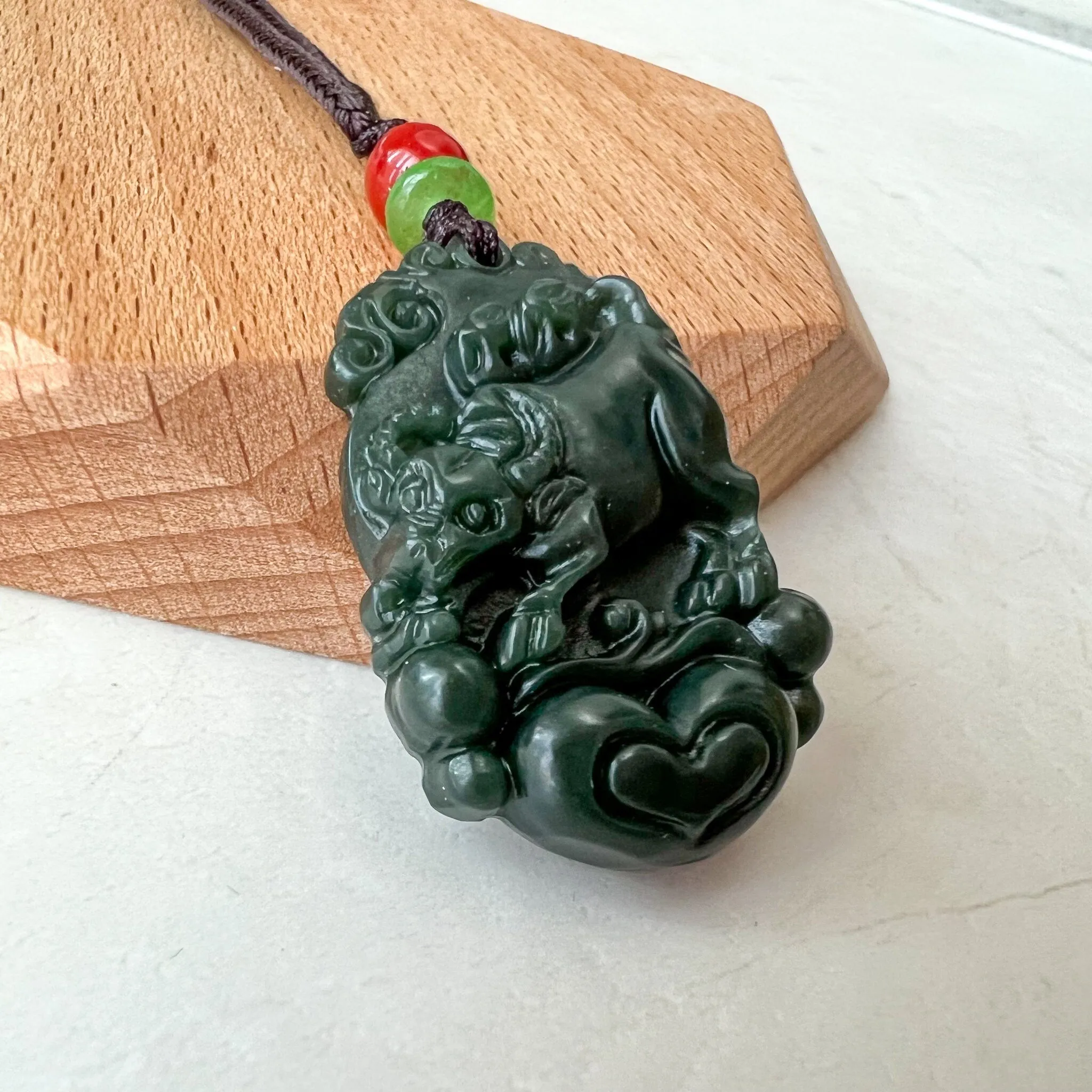 Dark Green Nephrite Jade Ox Bull Cow Chinese Zodiac Carved Necklace, RM-1221-1657819249