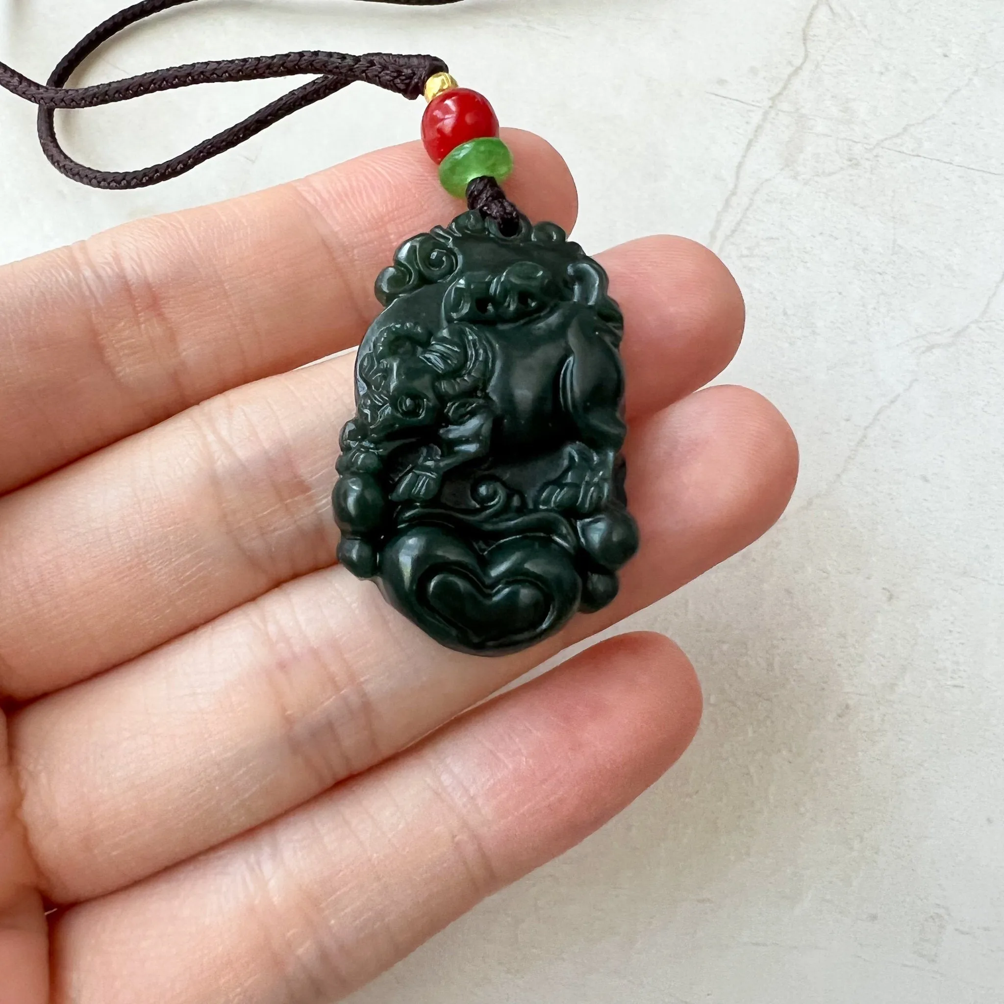 Dark Green Nephrite Jade Ox Bull Cow Chinese Zodiac Carved Necklace, RM-1221-1657819249