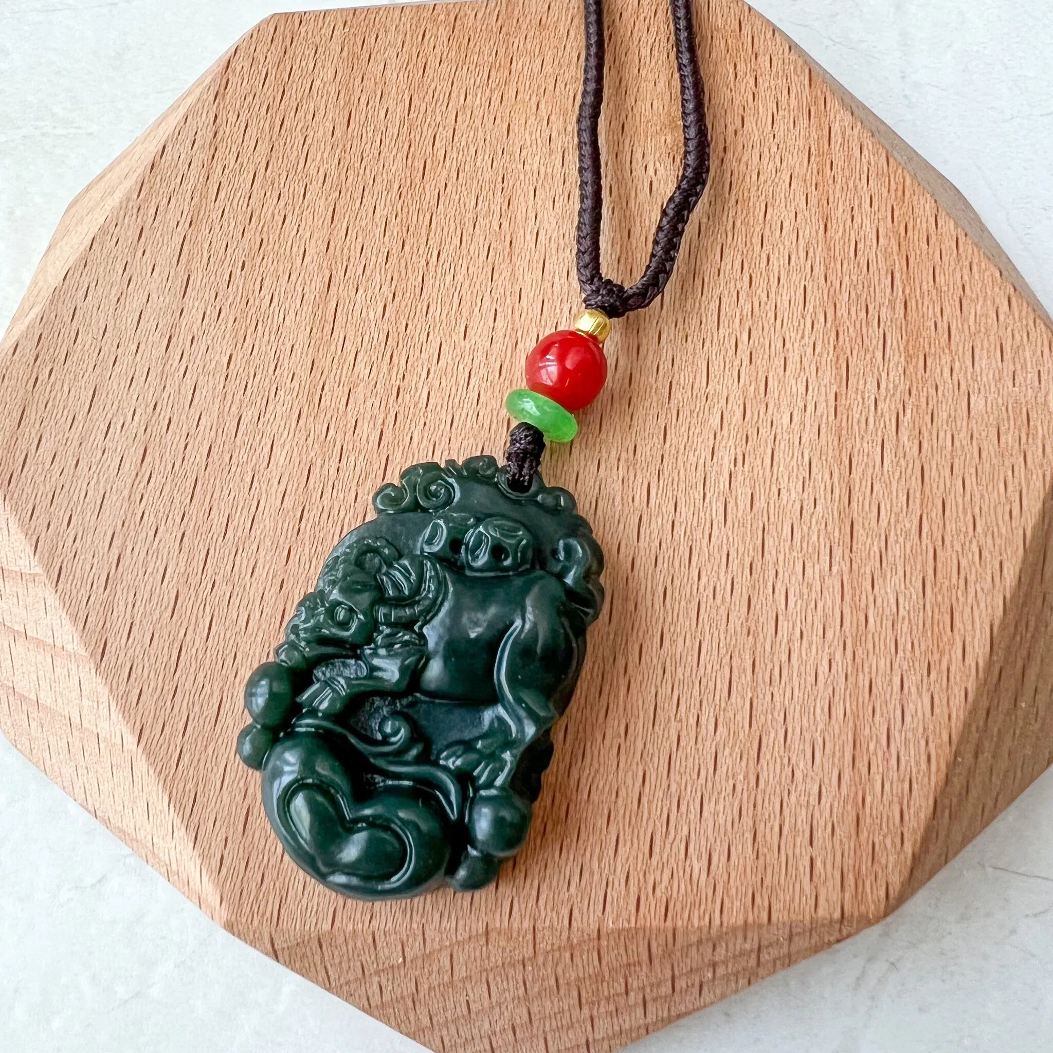 Dark Green Nephrite Jade Ox Bull Cow Chinese Zodiac Carved Necklace, RM-1221-1657819249