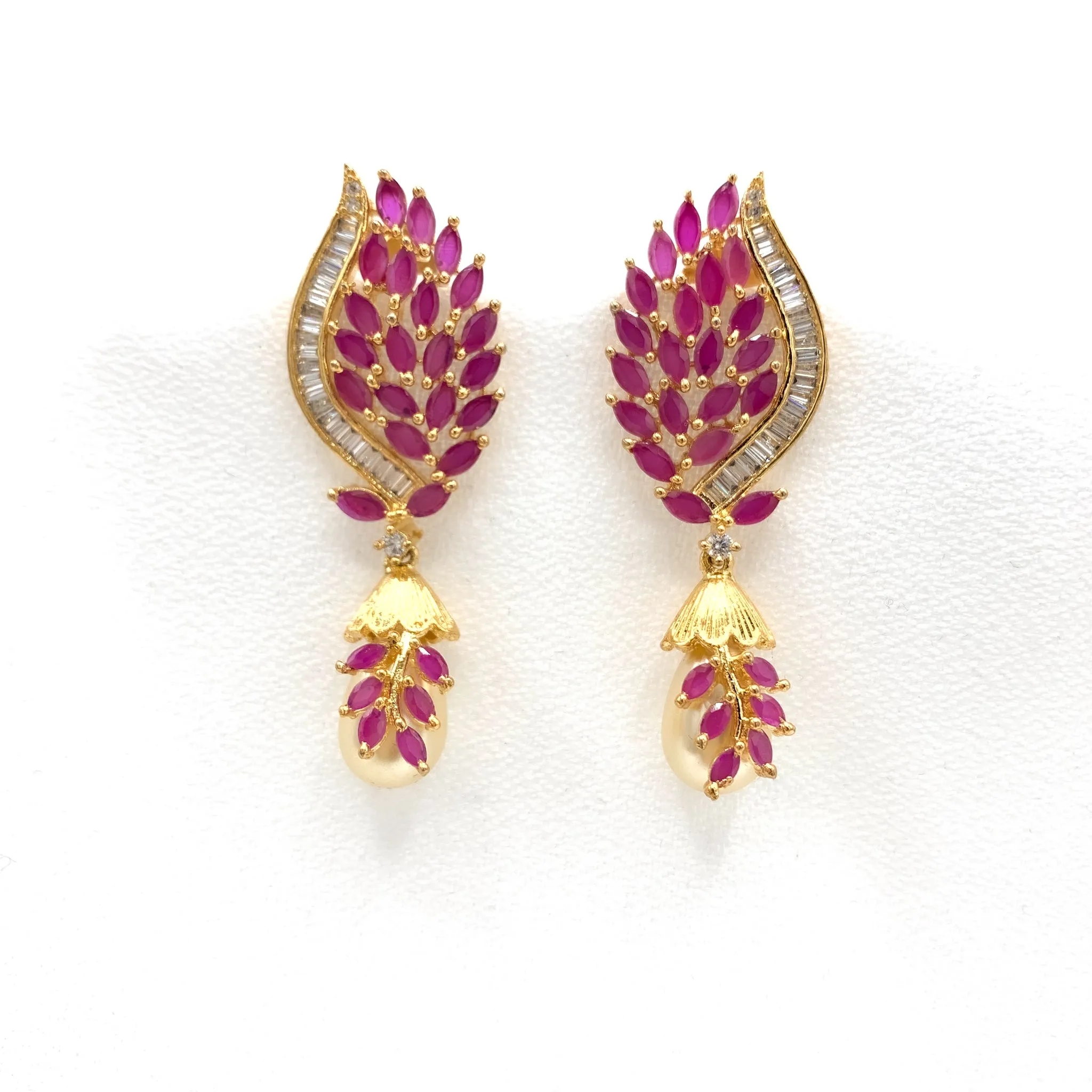Dazzling Trendy Boutique style Ruby Red Zircon (CZ) stone Earring with Pearl dangler