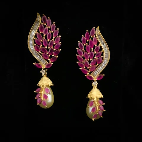 Dazzling Trendy Boutique style Ruby Red Zircon (CZ) stone Earring with Pearl dangler
