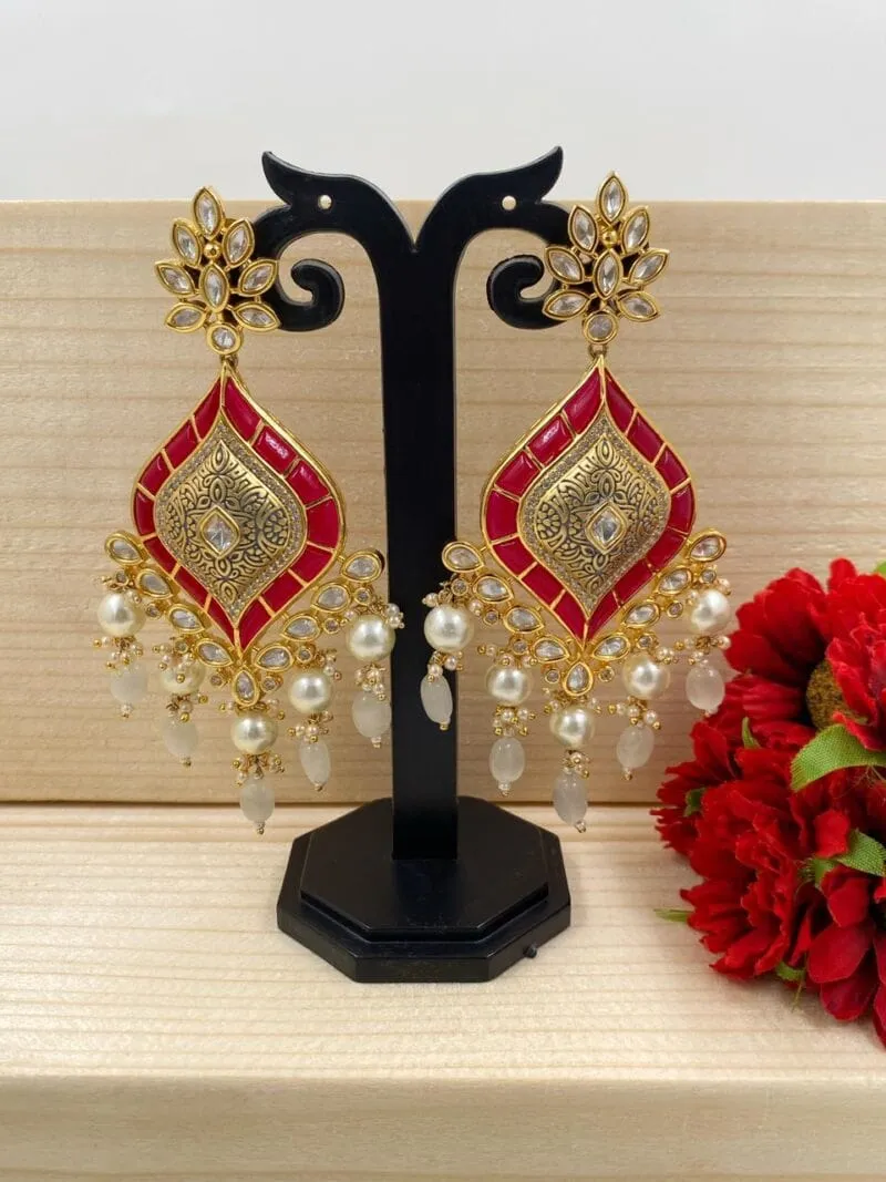 Designer Studded Kundan And Ruby Wedding Party Earrings For Ladies