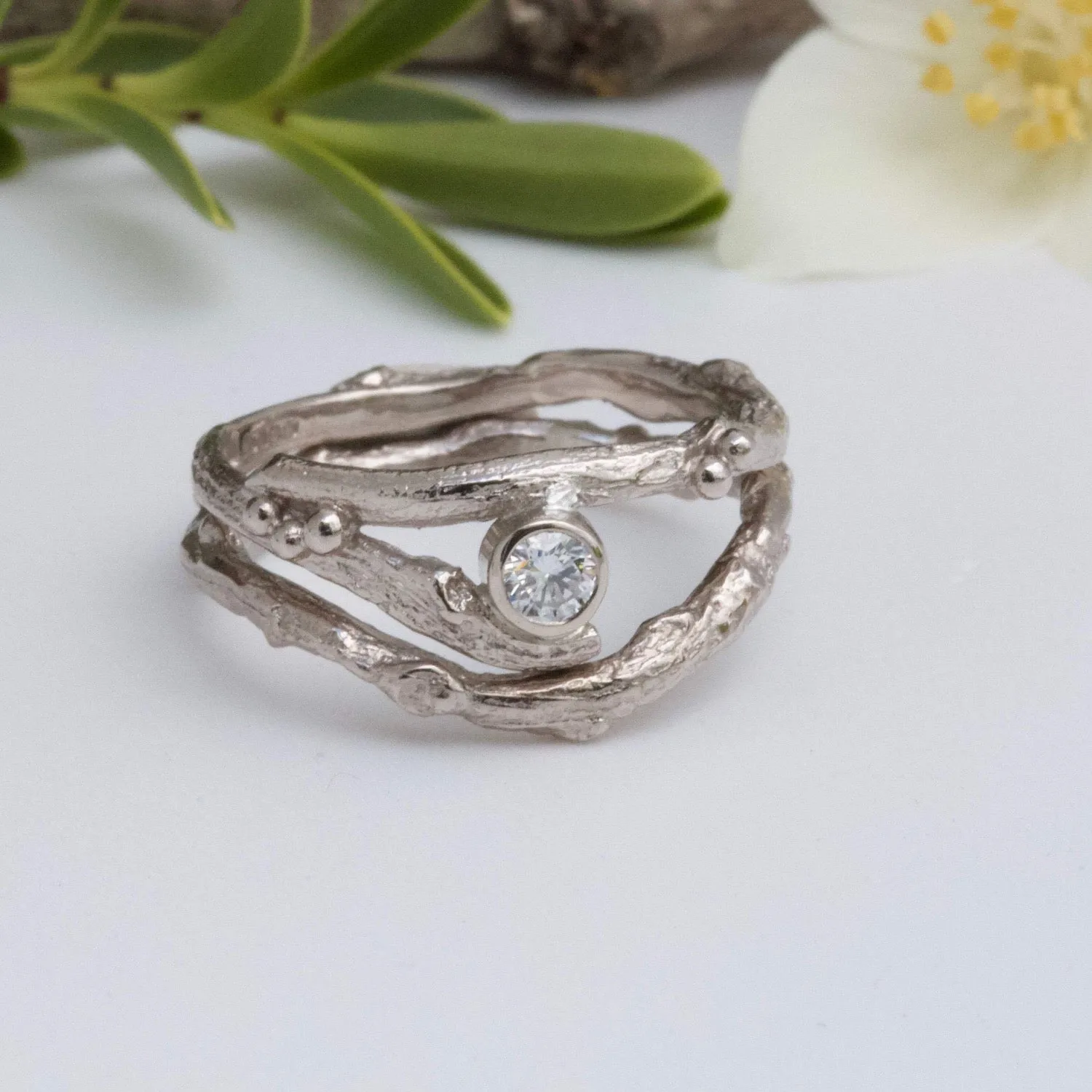 Diamond Elvish Engagement Ring Set, Alternative Engagement Ring, 18ct Gold and Diamond Twig Ring