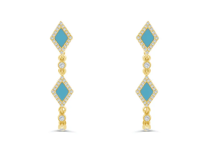 Earrings 14kt Gold Turquoise Rhombus Shape Chain & Outline Diamonds