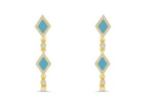 Earrings 14kt Gold Turquoise Rhombus Shape Chain & Outline Diamonds