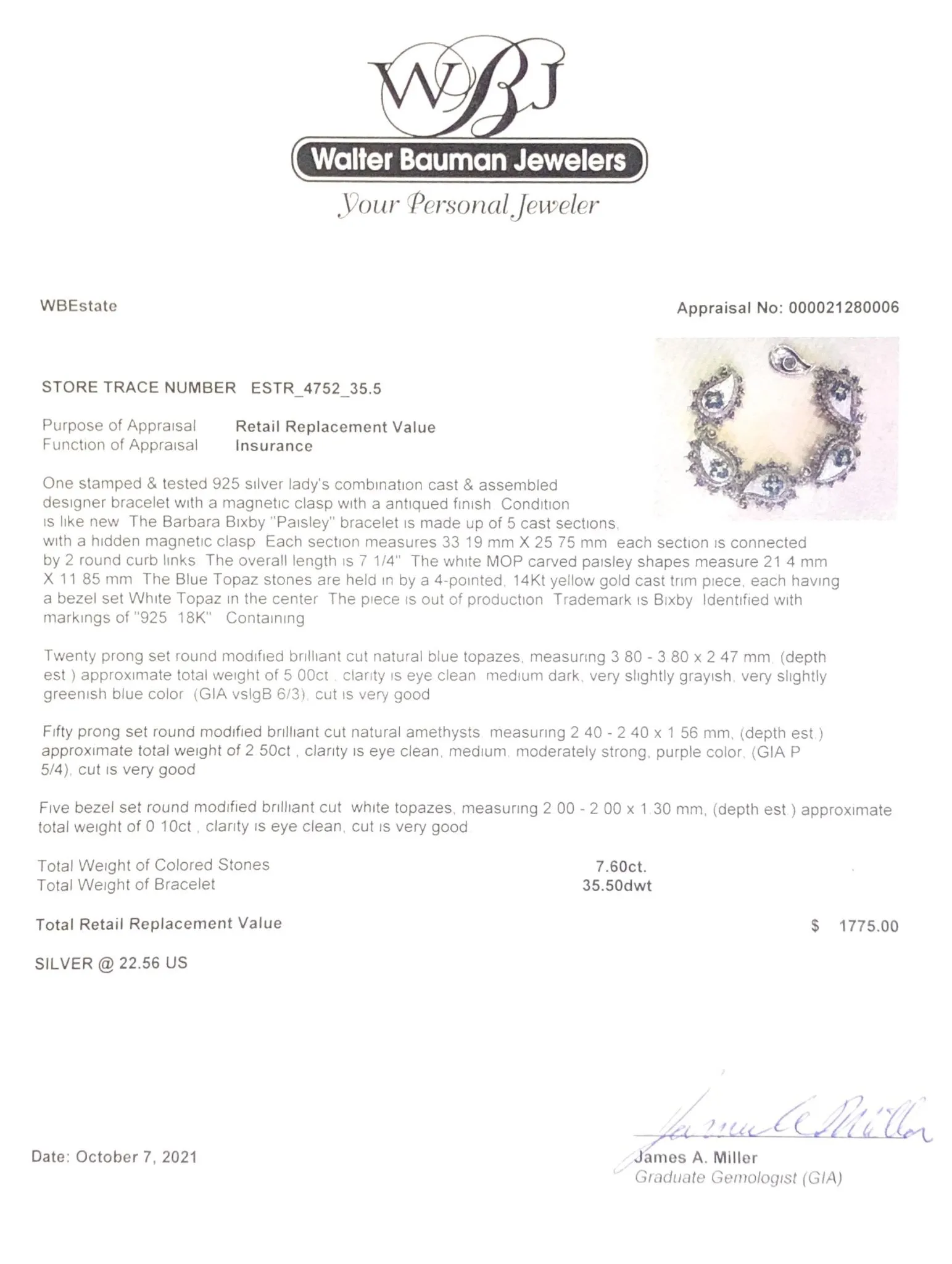Estate Bixby SS 5.00cttw Blue Topaz 2.50cttw Amethyst 0.10cttw White Topaz & MOP Paisley Bracelet