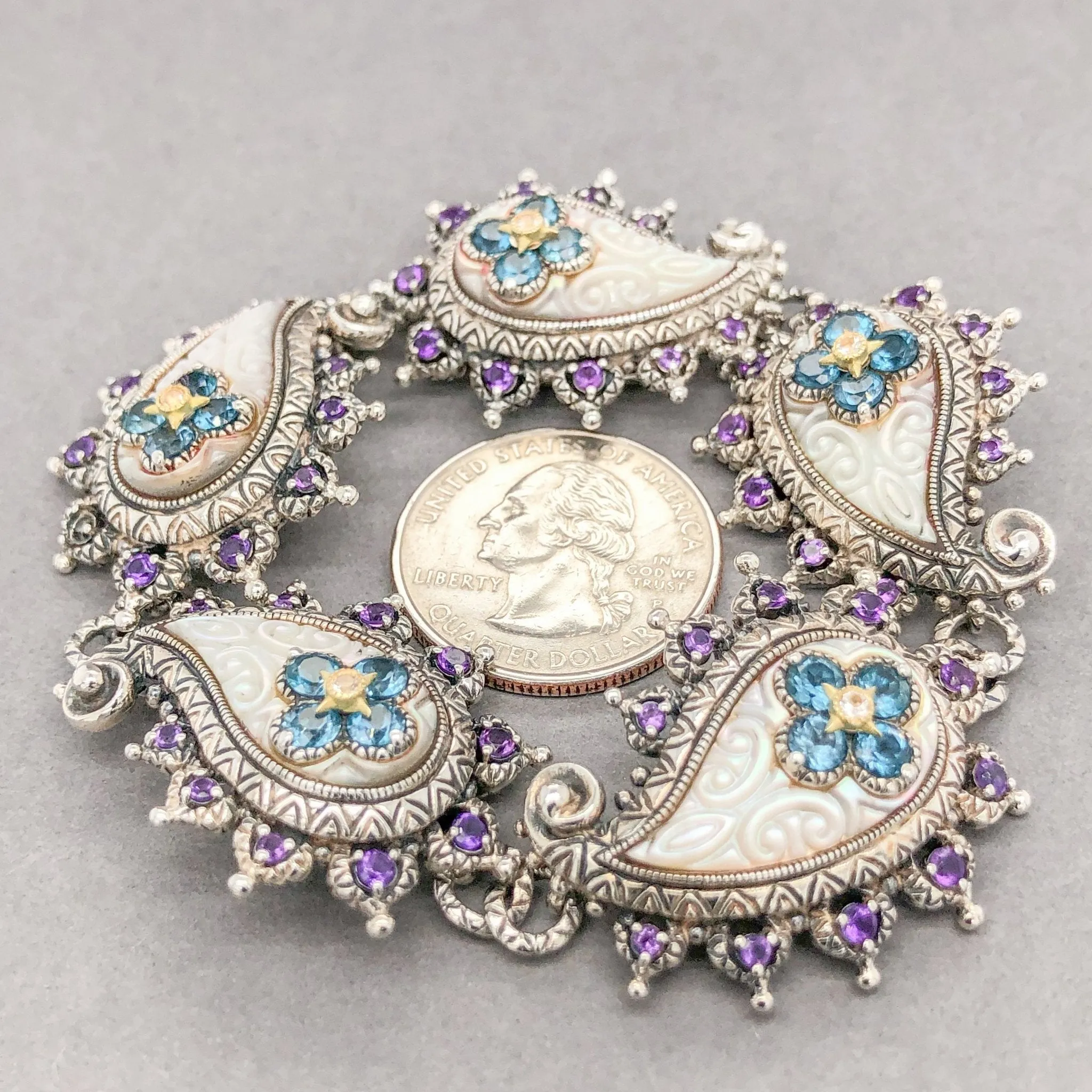 Estate Bixby SS 5.00cttw Blue Topaz 2.50cttw Amethyst 0.10cttw White Topaz & MOP Paisley Bracelet