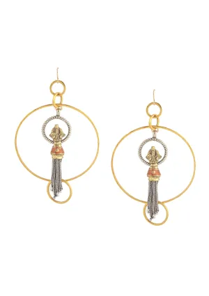 Ethnic Coral and Brass Tassel Gold Hoop Earrings