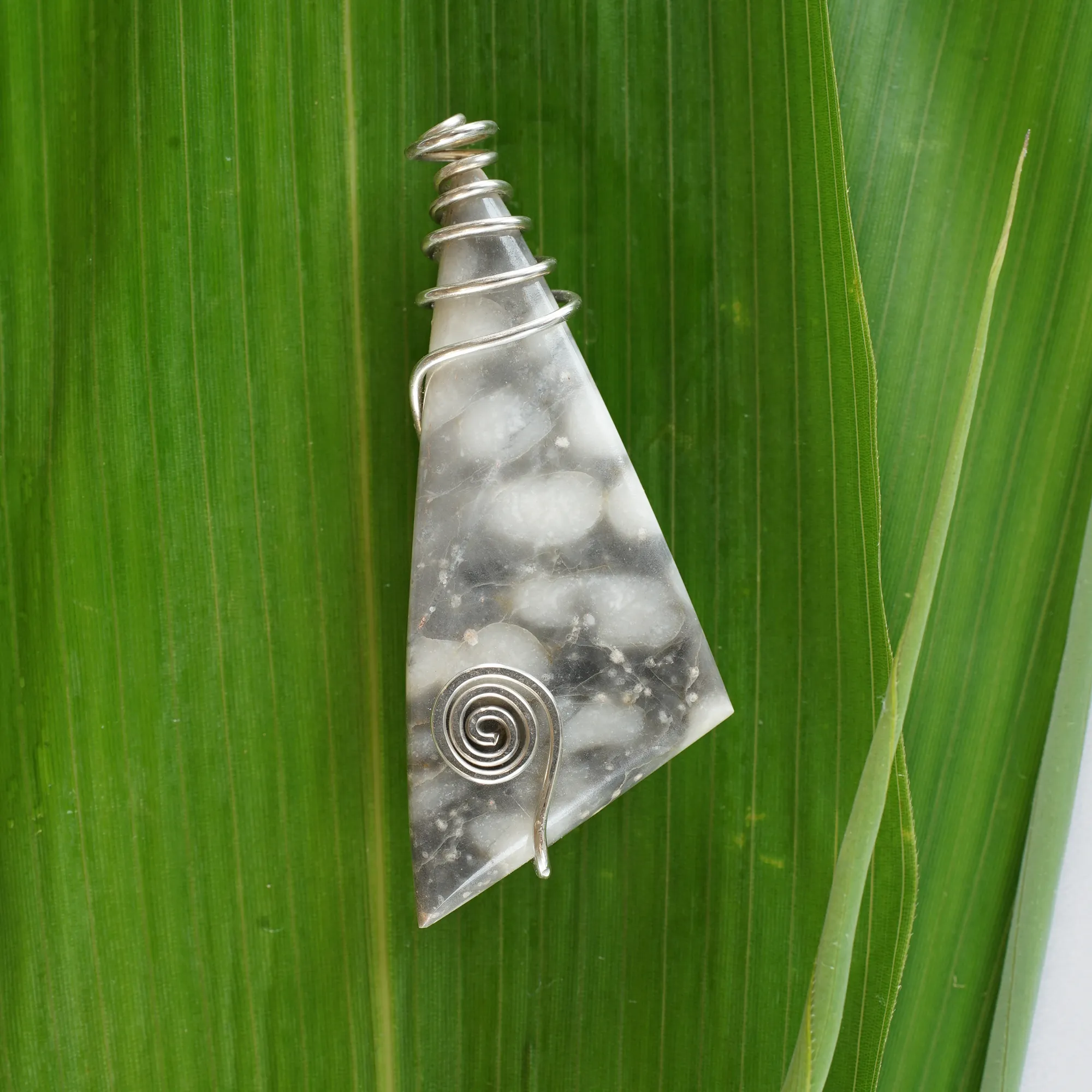 FMC07B Fermanagh Marbled Coral & Silver Celtic Spiral Long Triangle Brooch