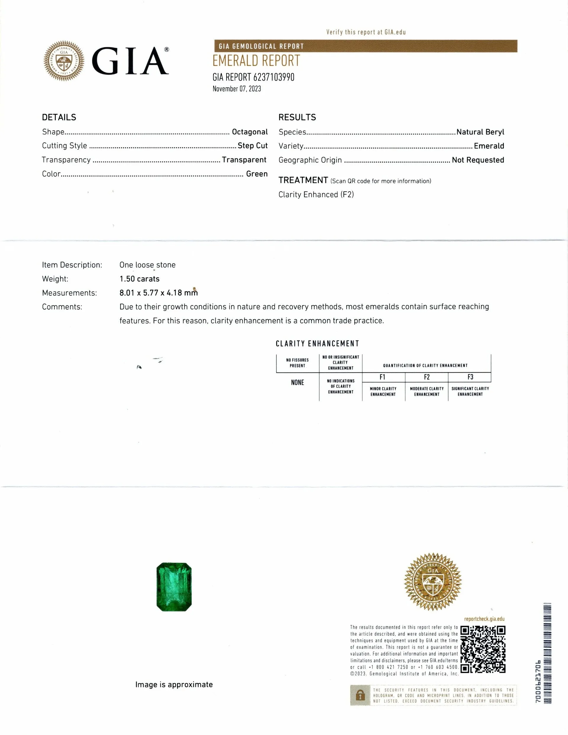GIA CERTIFIED EMERALD 1.5 CARAT EMERALD SHAPE CUT NATURAL GREEN LOOSE GEMSTONE