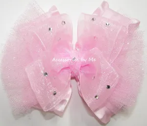 Glitzy Light Pink Organza Ruffle Tutu Hair Bow