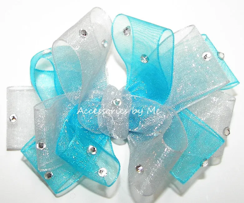 Glitzy Turquoise Blue Silver Organza Hair Bow