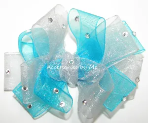 Glitzy Turquoise Blue Silver Organza Hair Bow