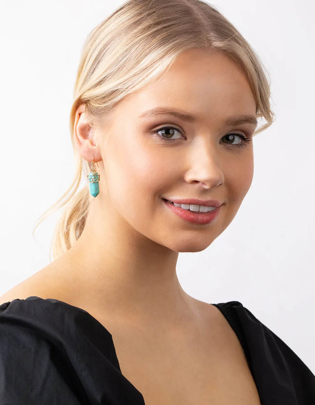 Gold Coil Wrap Turquoise Stone Drop Earrings
